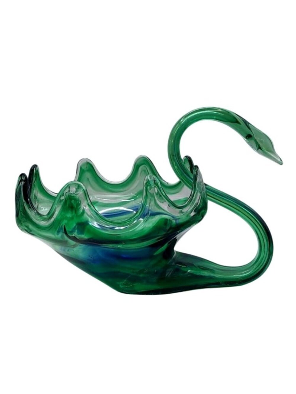 Vintage Hand Blown Sooner Glass Green Blue Swirl Swan Centerpiece Bowl USA